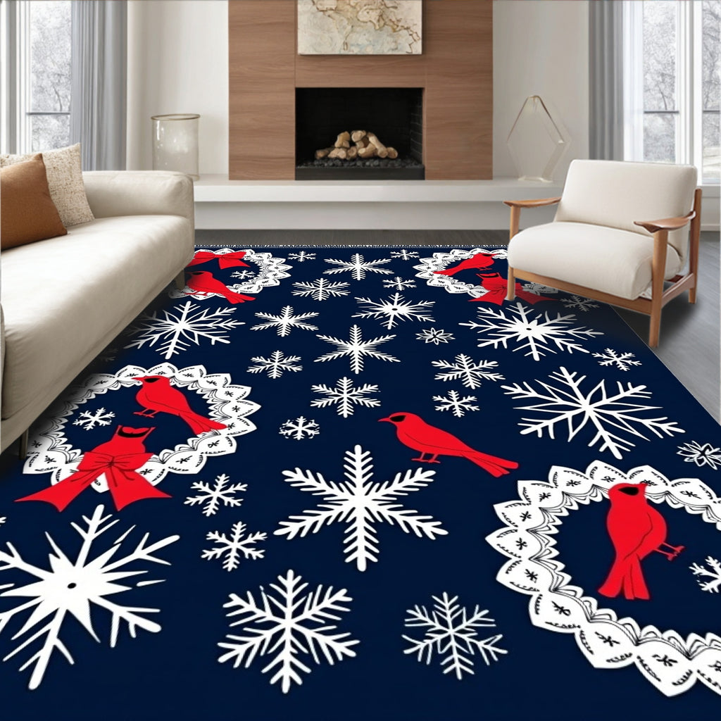 Red Cardinal Snowflake Wreath Navy Rug