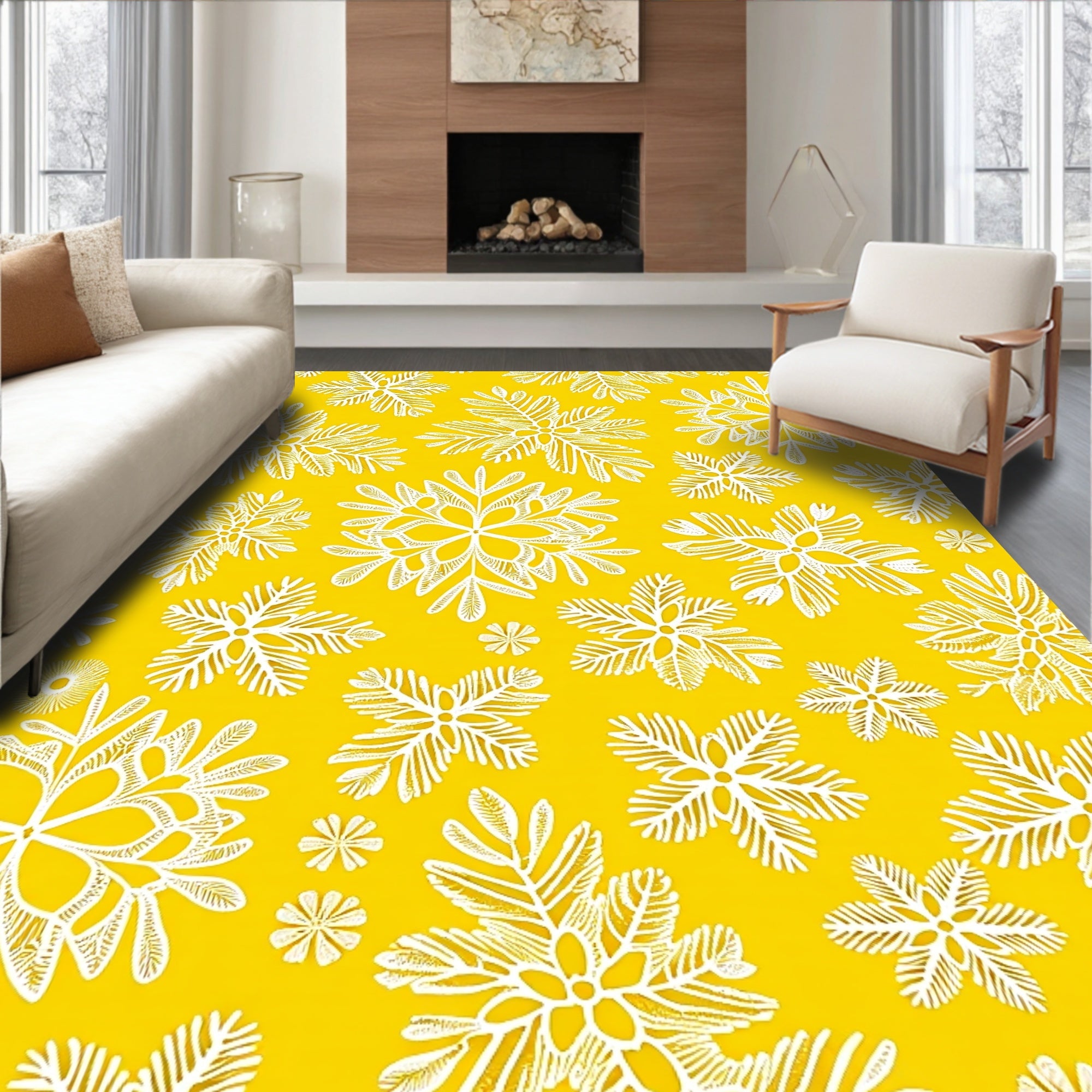 Golden Yellow Snowflake Scatter Rug