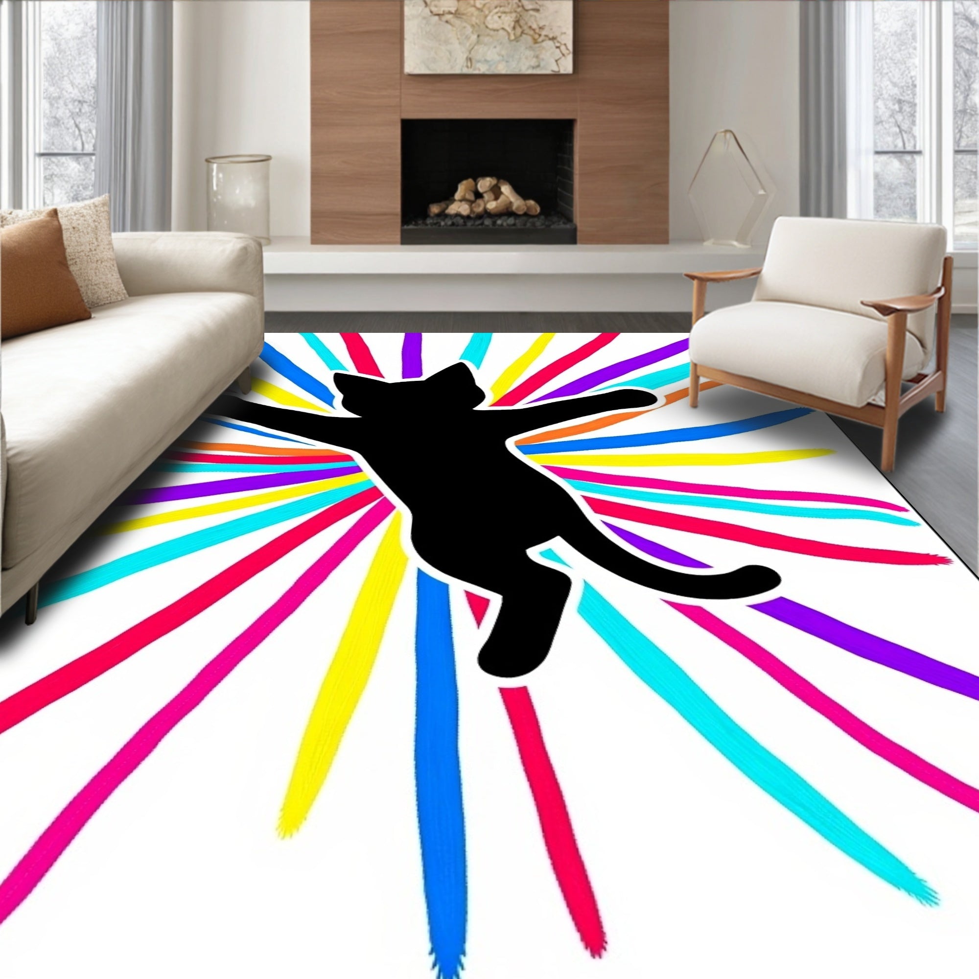 Black Cat Bursting Colorful Rays Rug