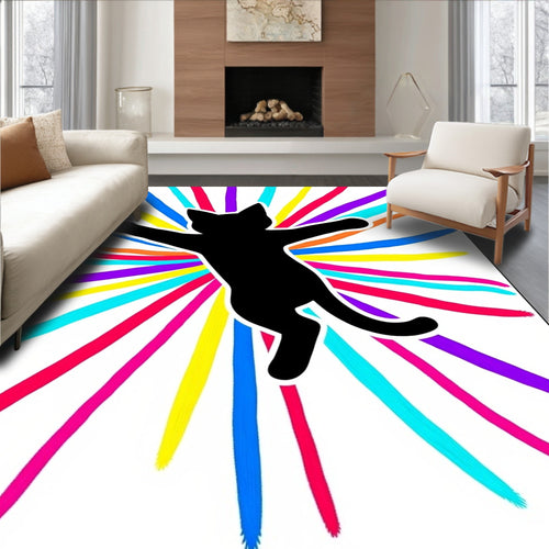 Black Cat Bursting Colorful Rays Rug