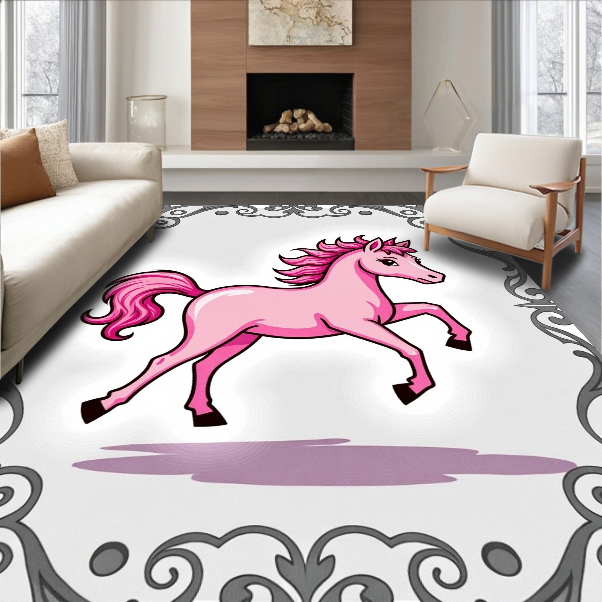 Playful Pink Horse Whimsical Border Rug