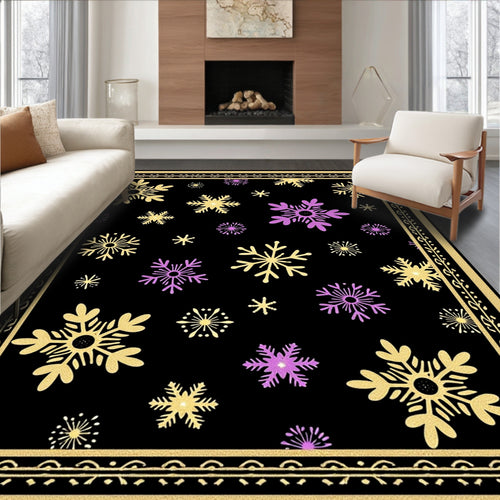 Black Snowflakes Gold Purple Border Rug