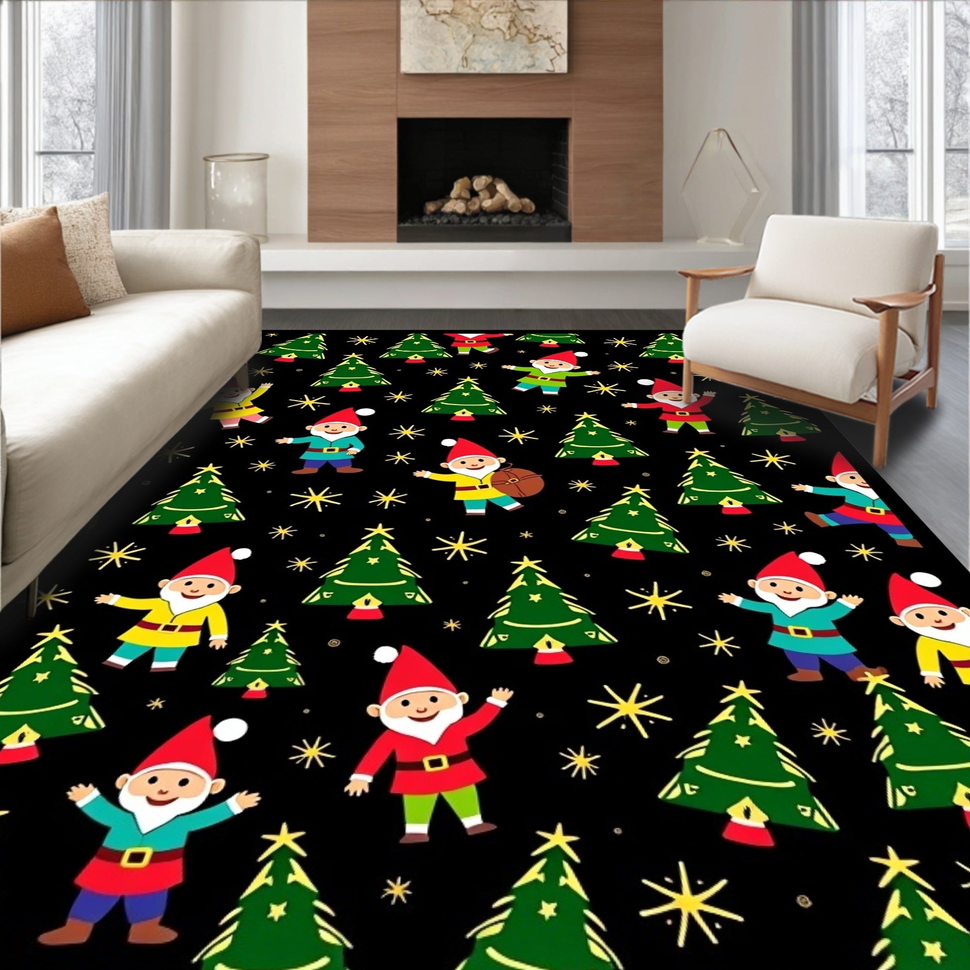 Festive Gnomes and Christmas Trees Collage Rug