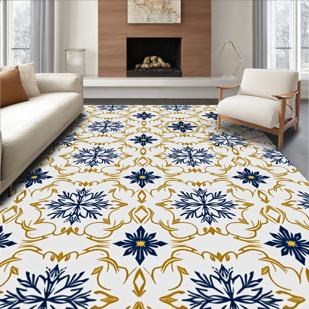 Navy Gold Floral Medallion Arrangement Rug