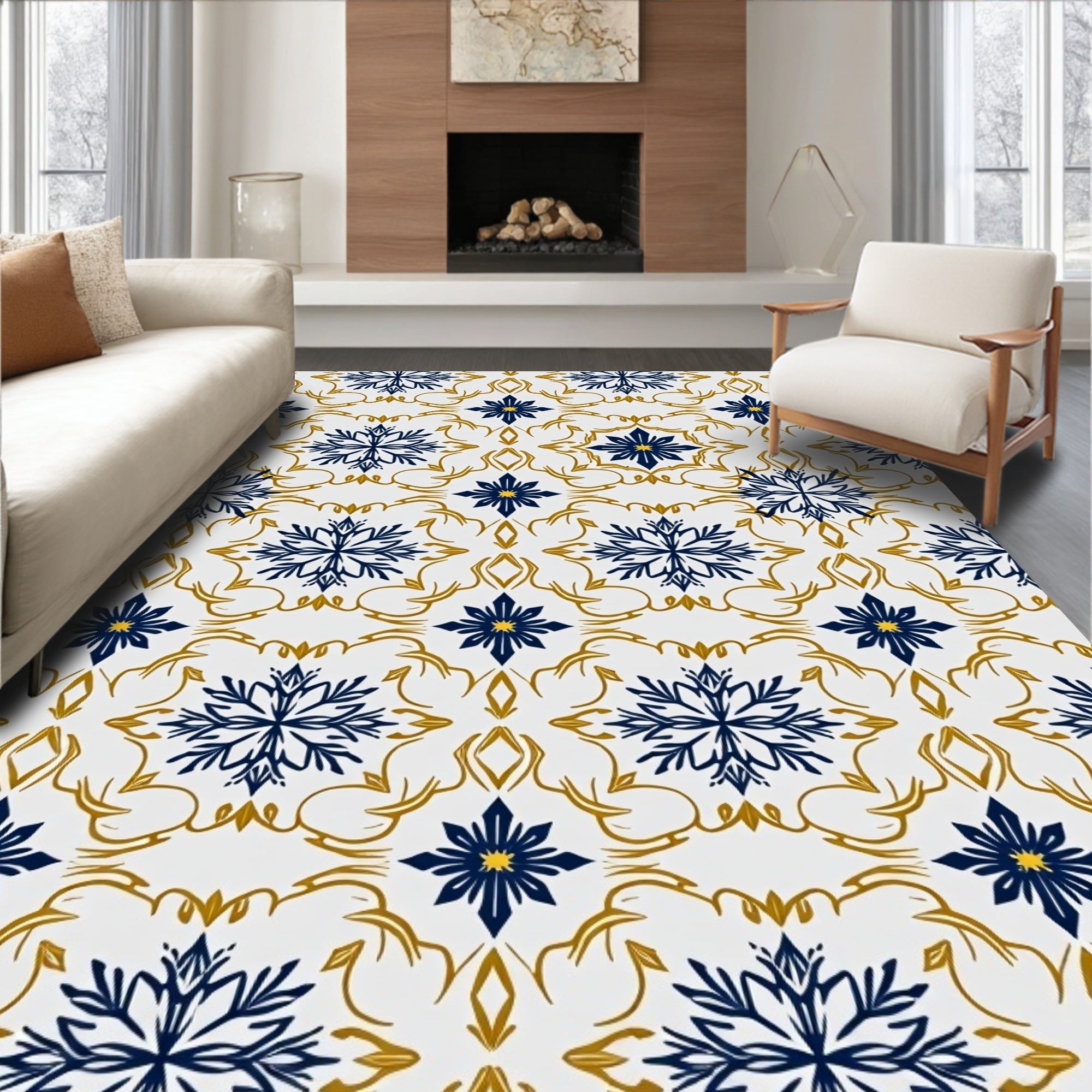 Navy Gold Floral Medallion Arrangement Rug