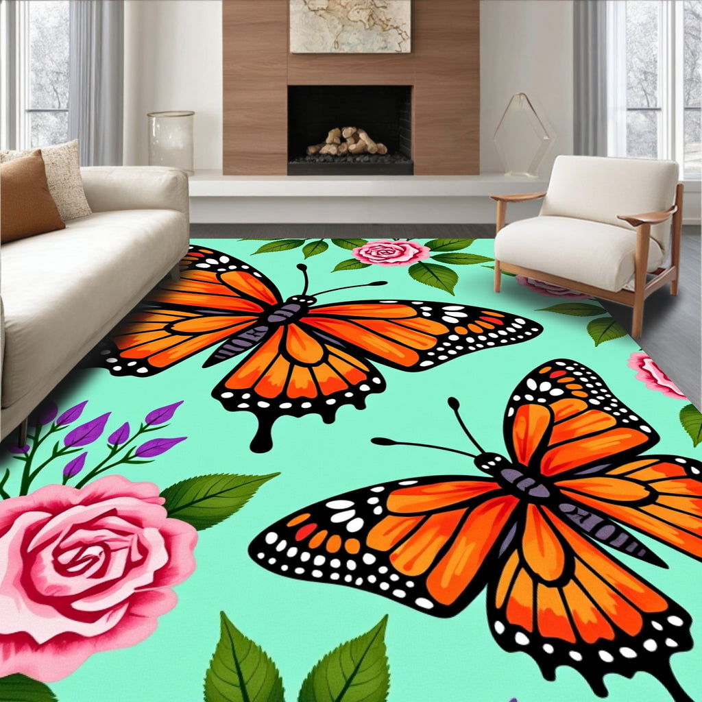 Orange Monarch Butterflies Pink Rose Garden Rug