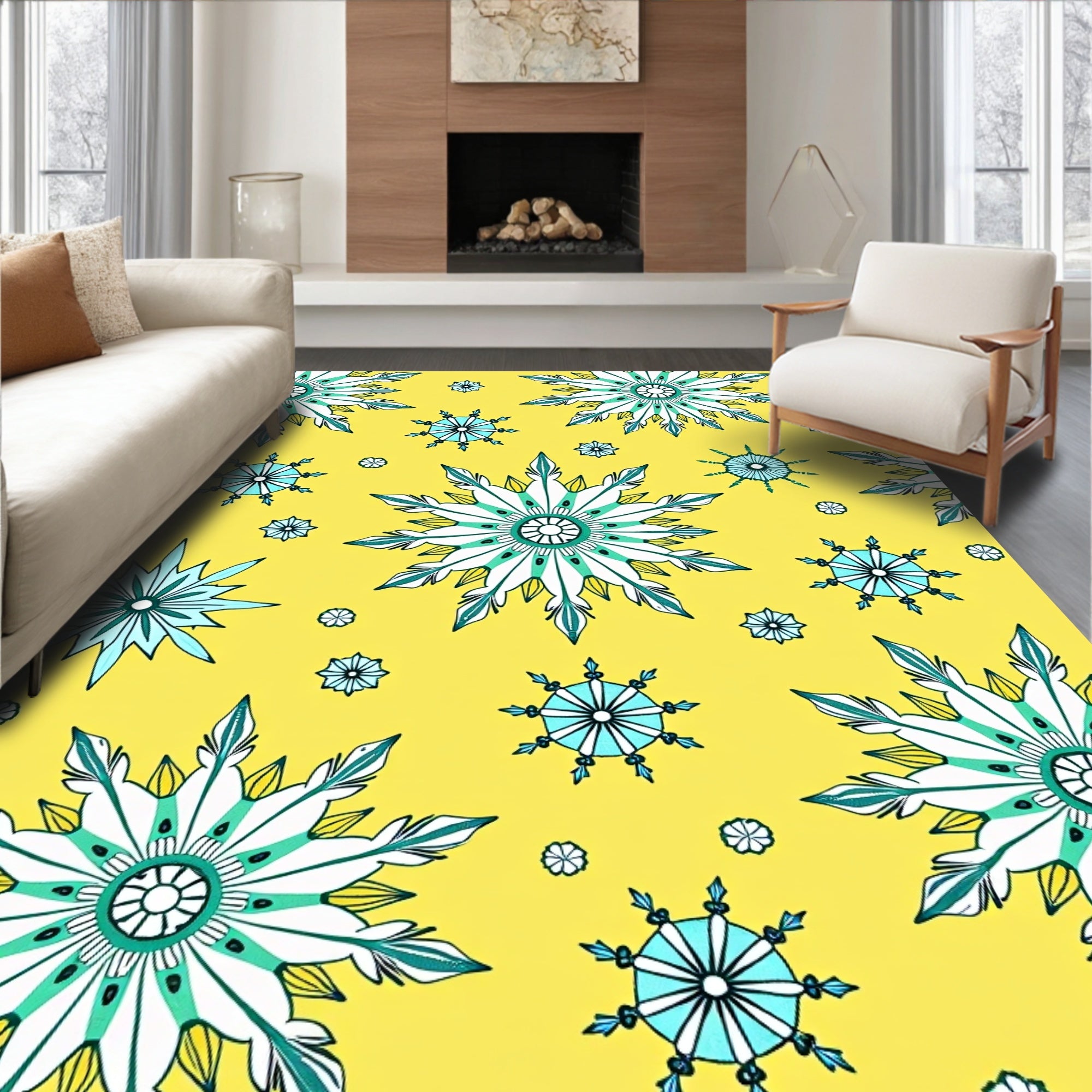Bright Yellow Snowflake Medallion Rug