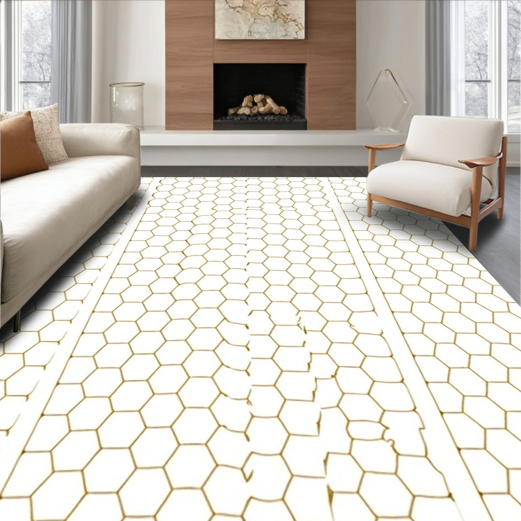 Golden Hexagon Grid Broken Stripe Rug