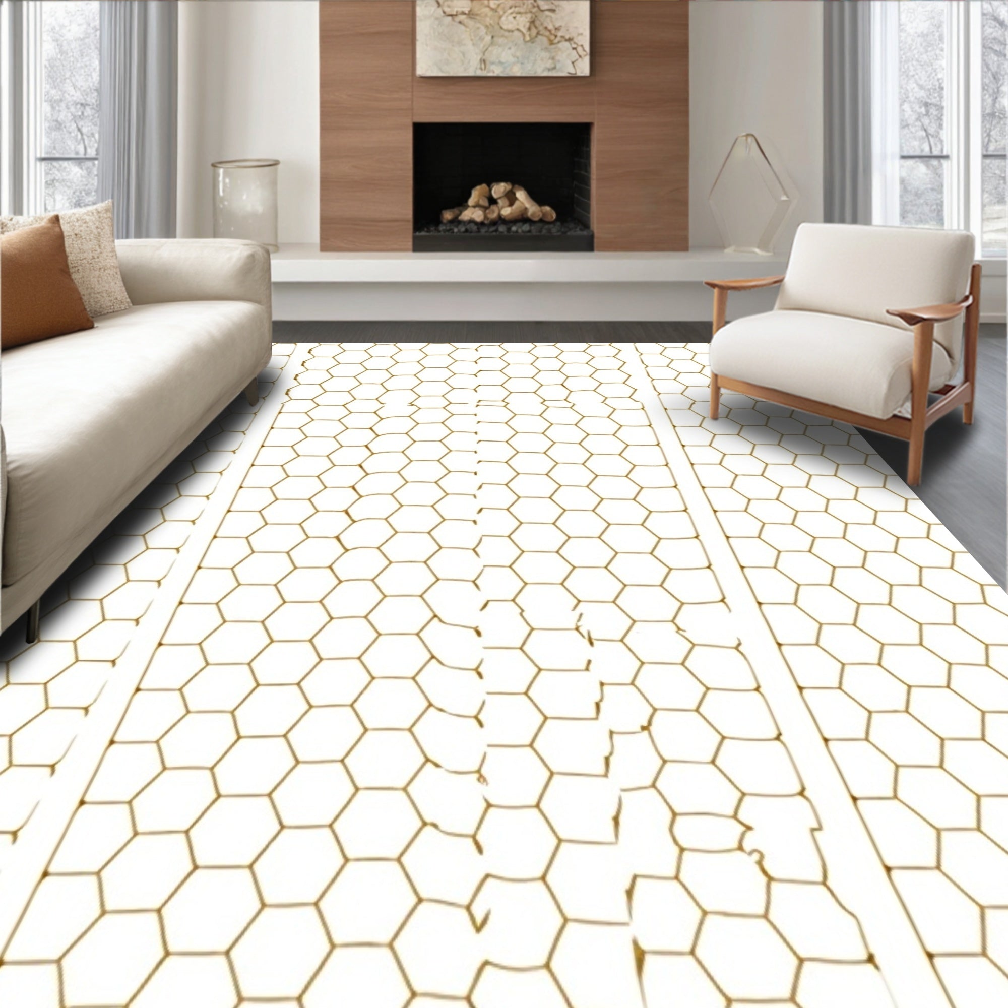 Golden Hexagon Grid Broken Stripe Rug