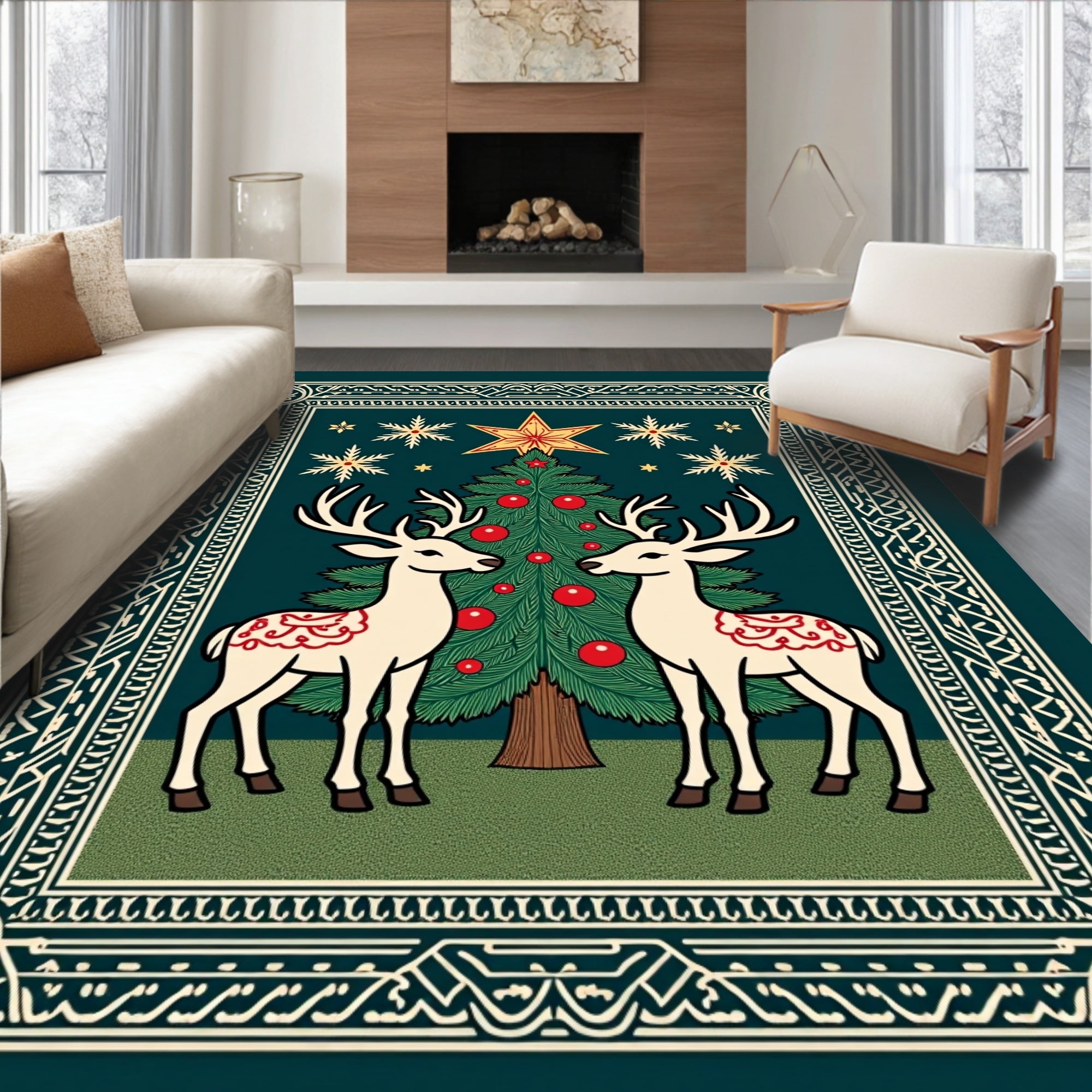 Vintage Christmas Tree Reindeer Garland Rug