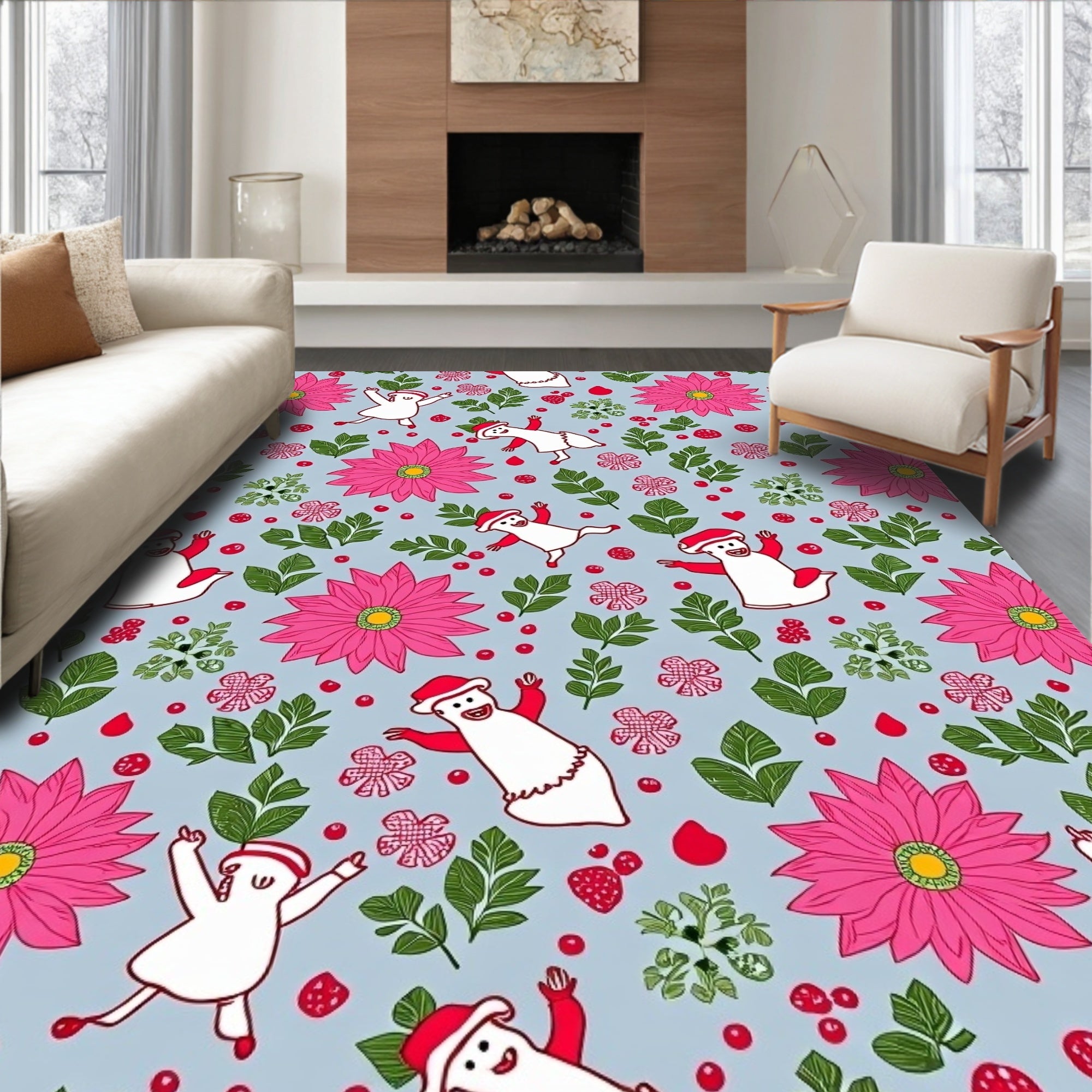 Festive Pink Flower Character Garland Rug