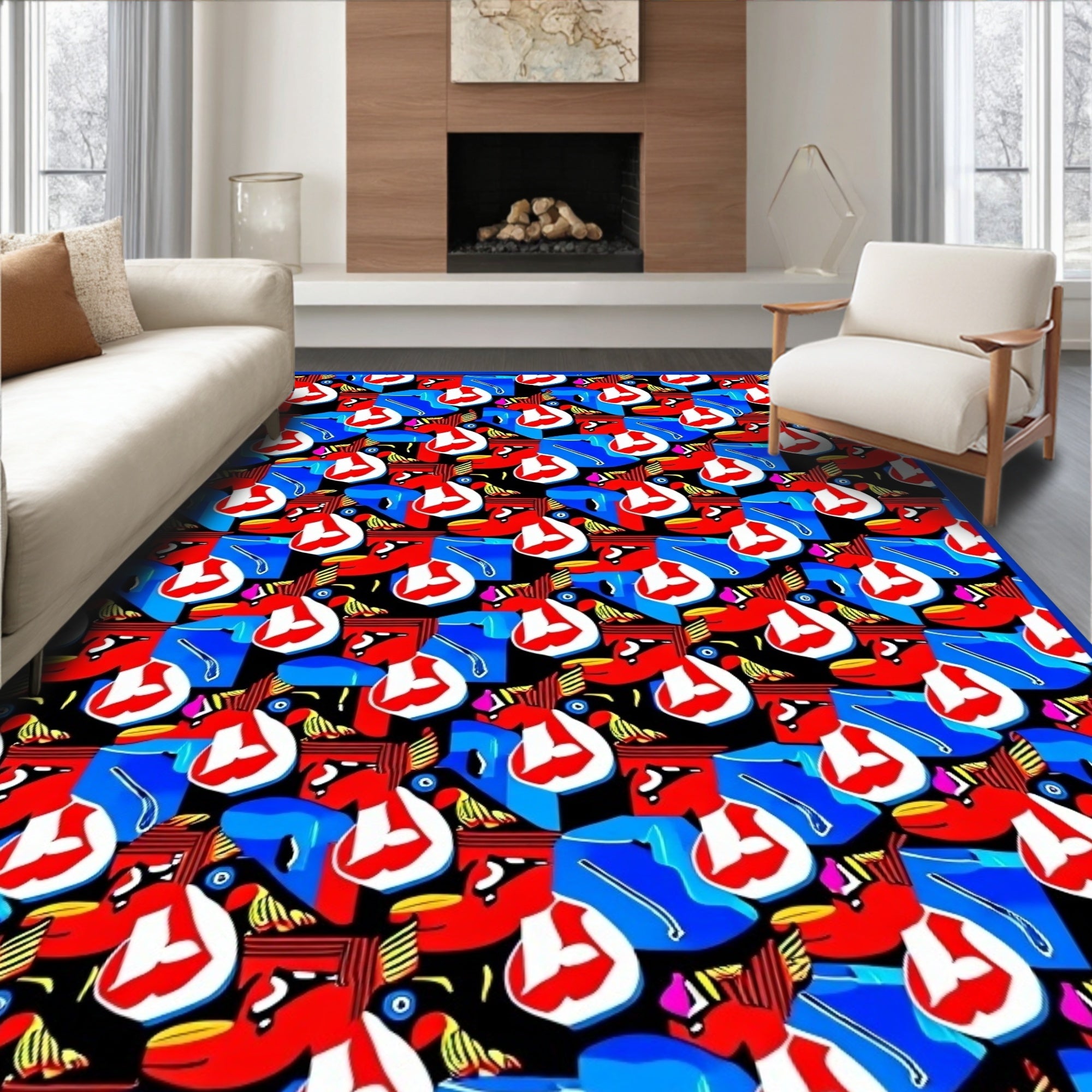 Bold Red Blues Abstract Forms Rug