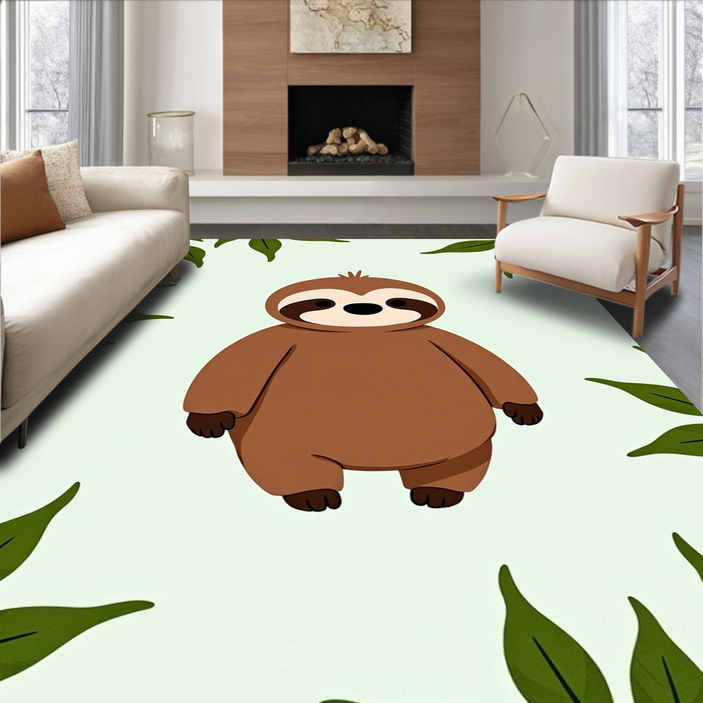 Whimsical Sloth Green Leaves Rug