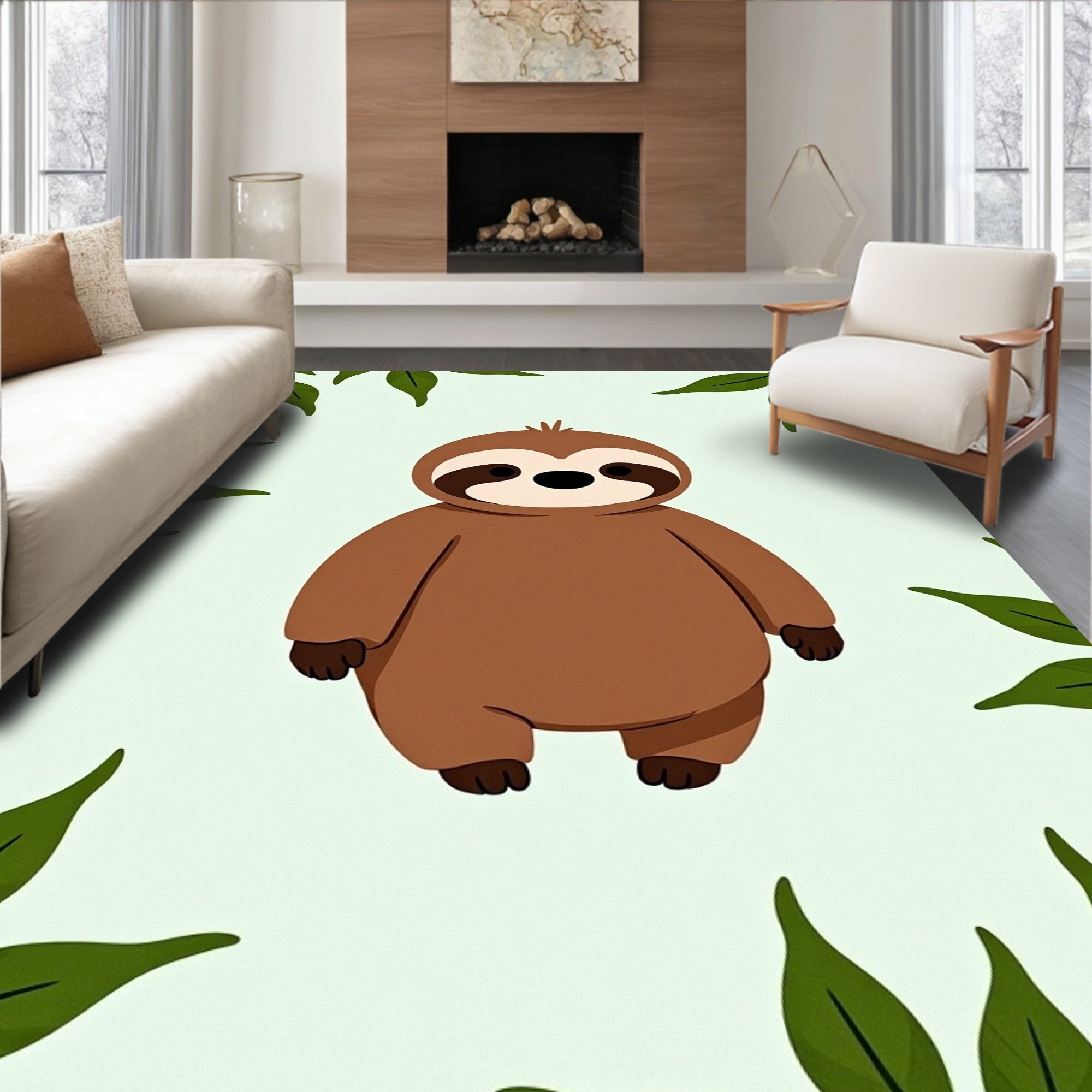 Whimsical Sloth Green Leaves Rug