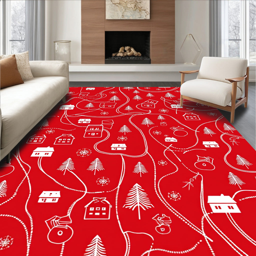 Red Winter Village Houses Trees Rug