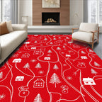 Red Winter Village Houses Trees Rug