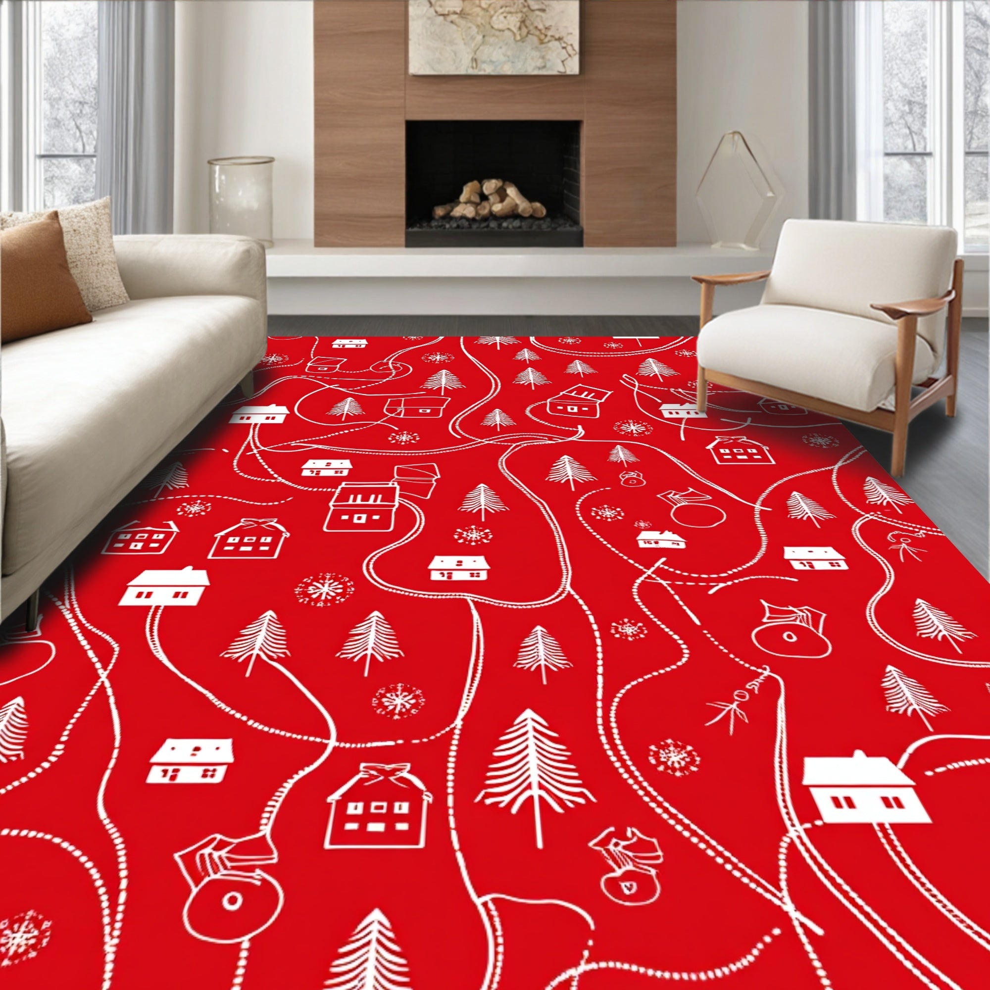 Red Winter Village Houses Trees Rug