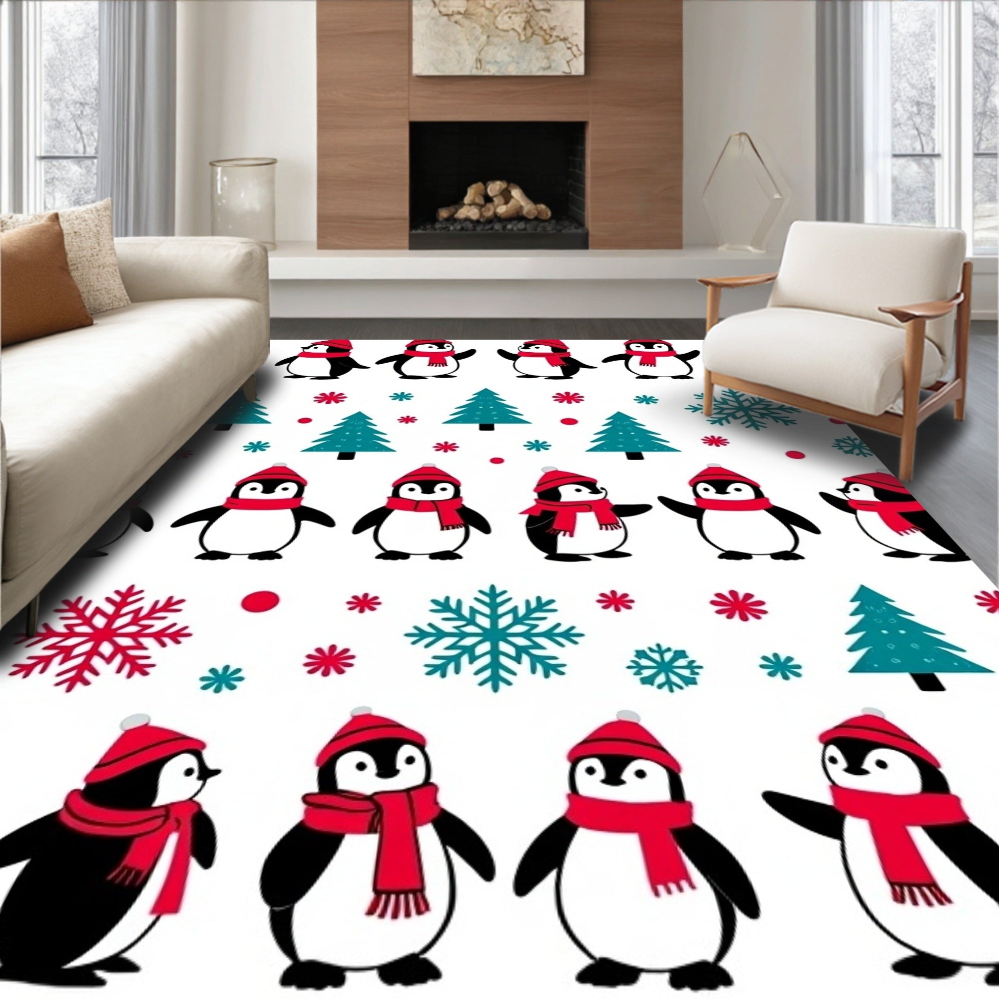Whimsical Penguin Christmas Tree Snowflakes Rug