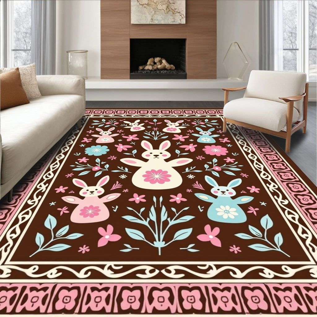 Brown Whimsical Bunny Floral Border Rug