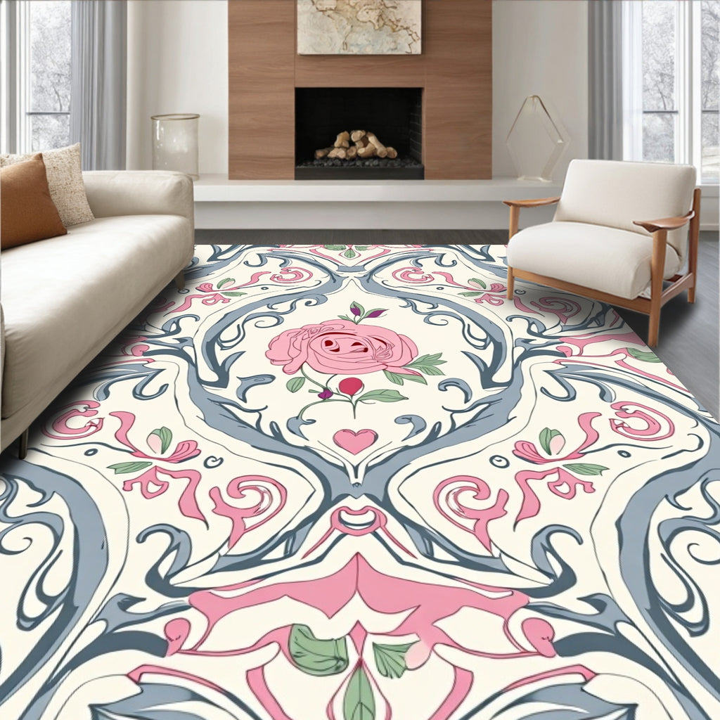 Art Nouveau Pink Rose Floral Scroll Rug