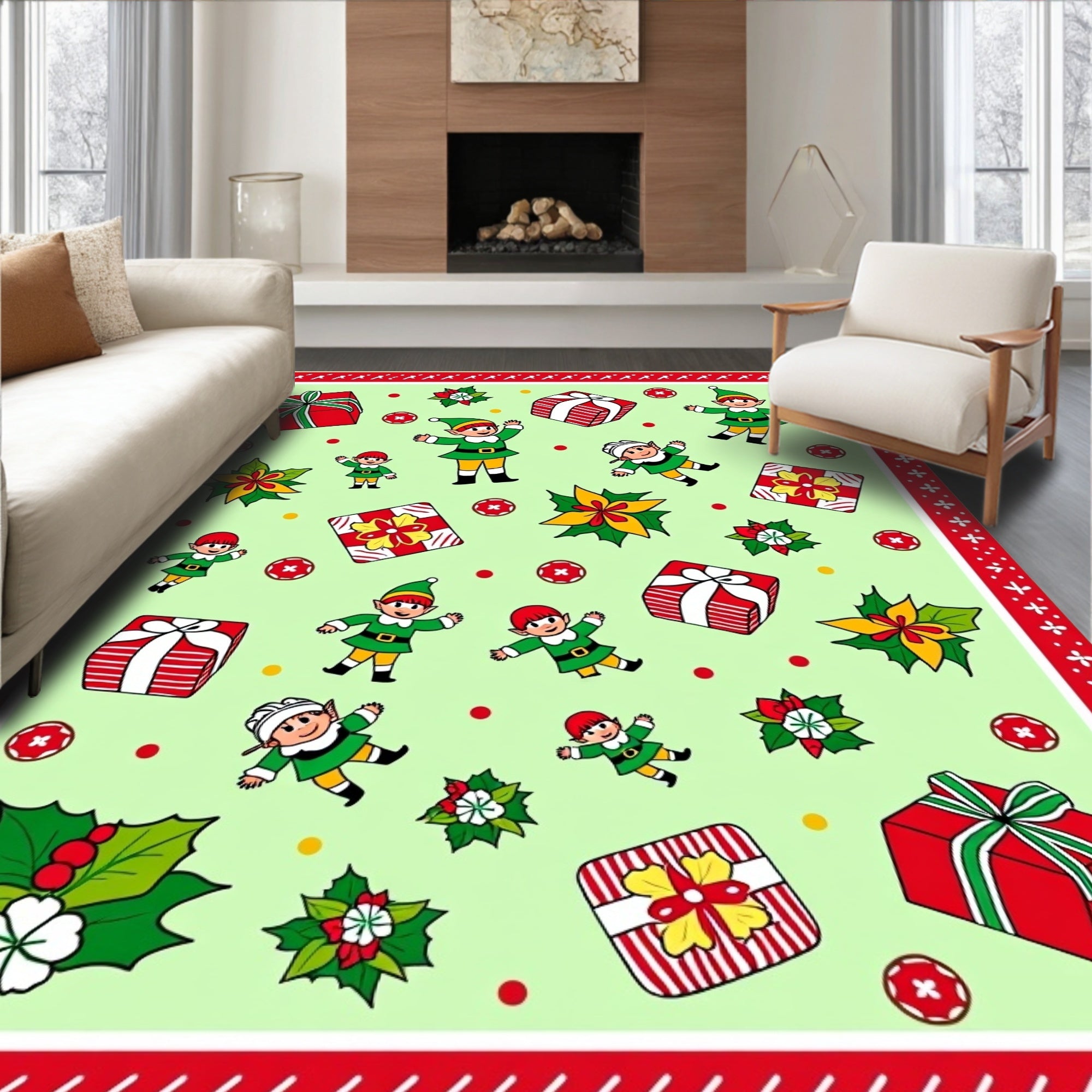 Jolly Elf Gift Holiday Playful Scene Rug