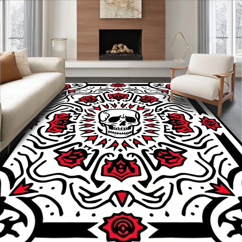 Macabre Skull Red Rose Symmetry Rug