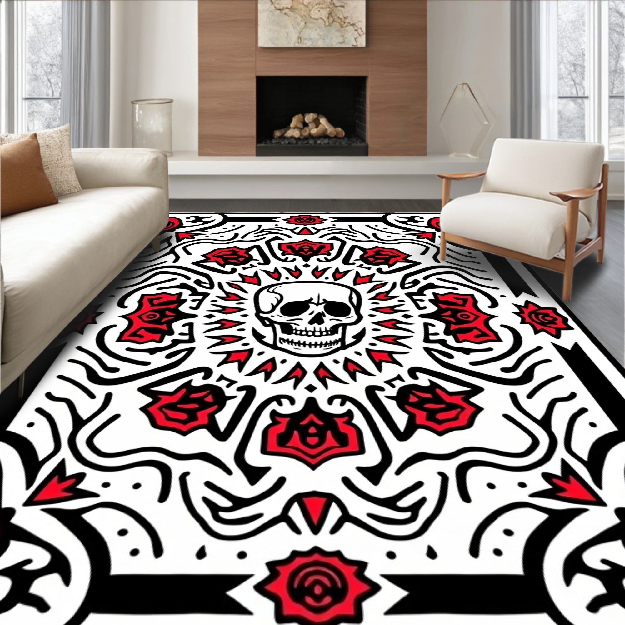 Macabre Skull Red Rose Symmetry Rug