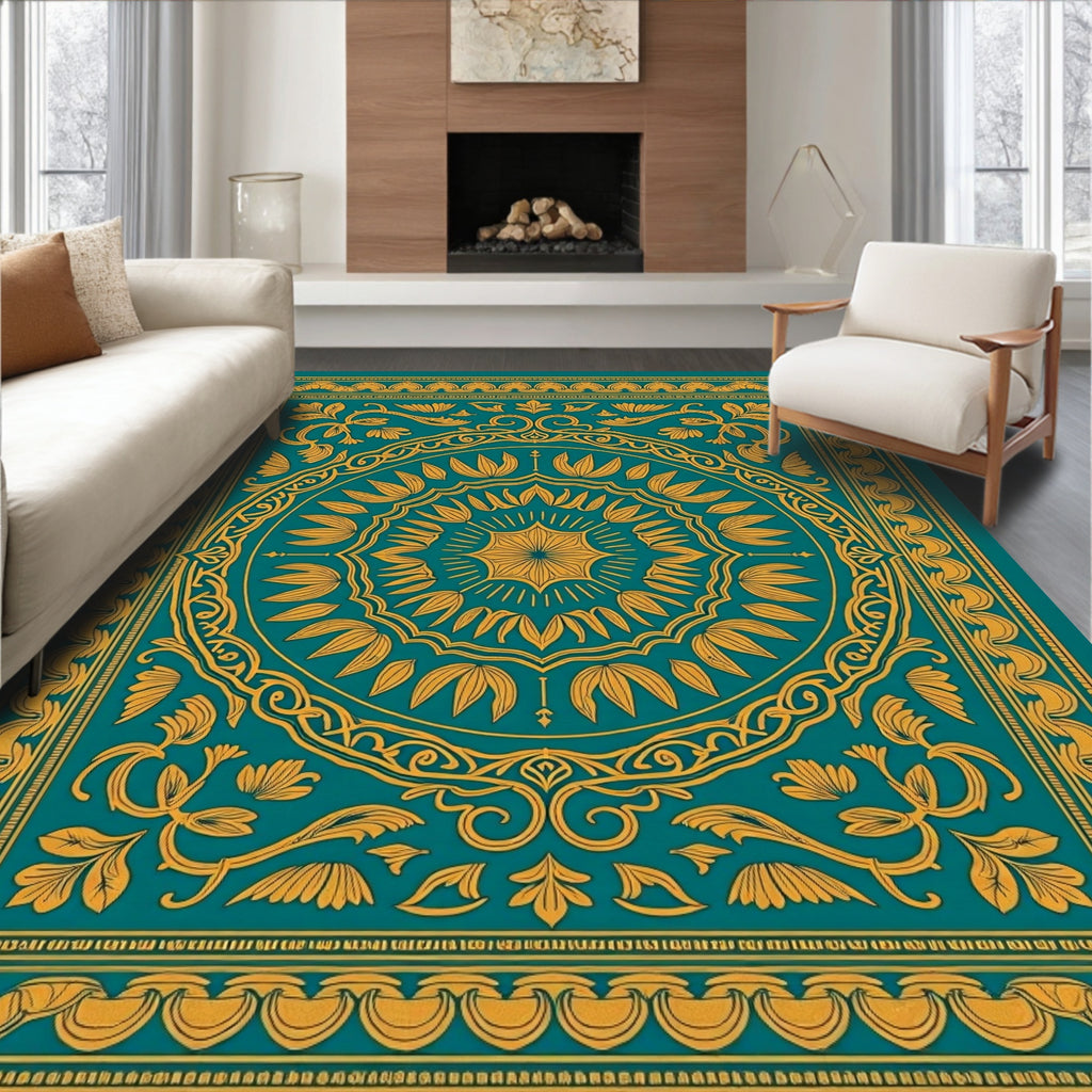 Teal and Gold Medallion Botanical Rug