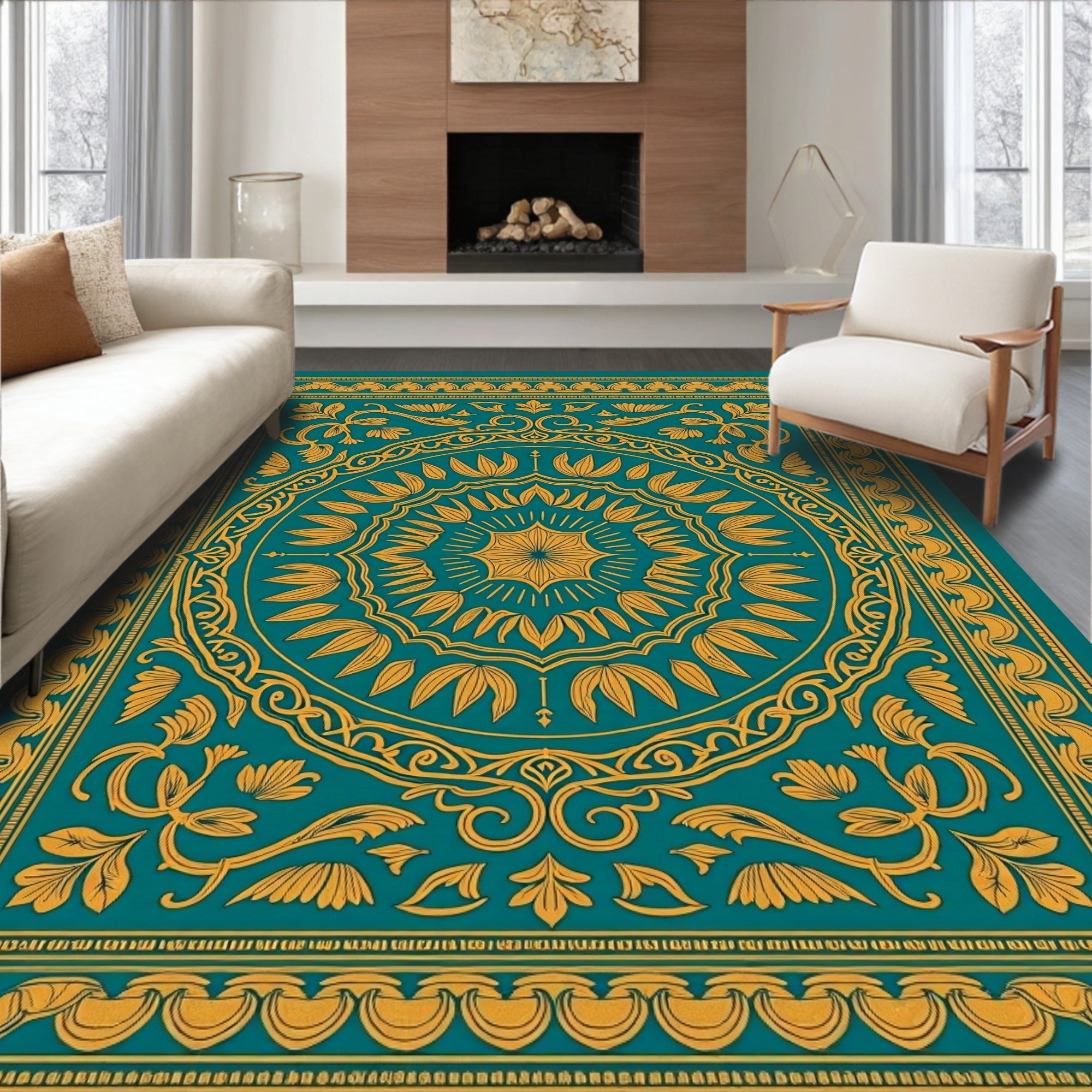 Teal and Gold Medallion Botanical Rug