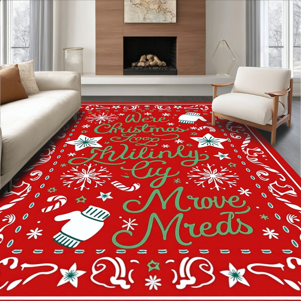 Christmas Mittens Snowflakes Candy Canes Red Rug