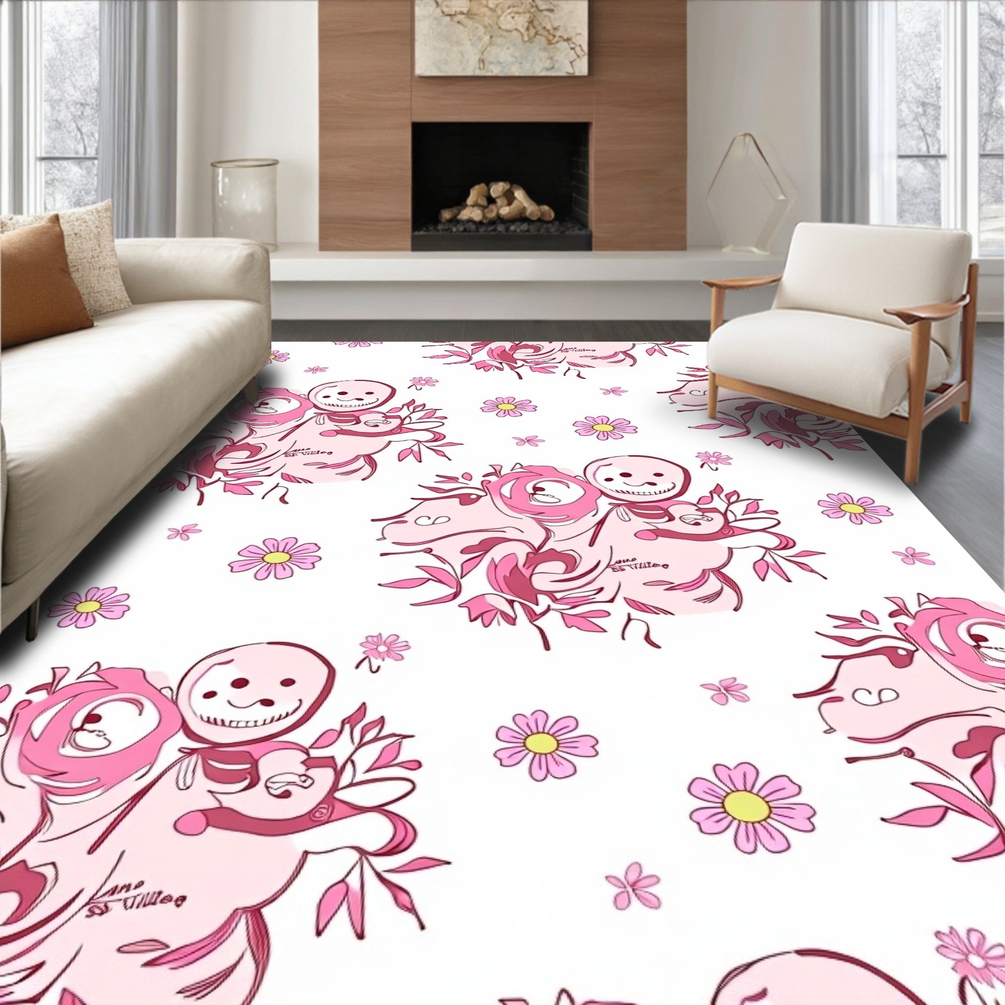 Sweet Pink Floral Character Collage Rug