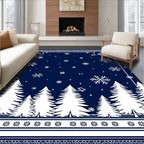 Dark Blue White Snow Forest Scene Rug