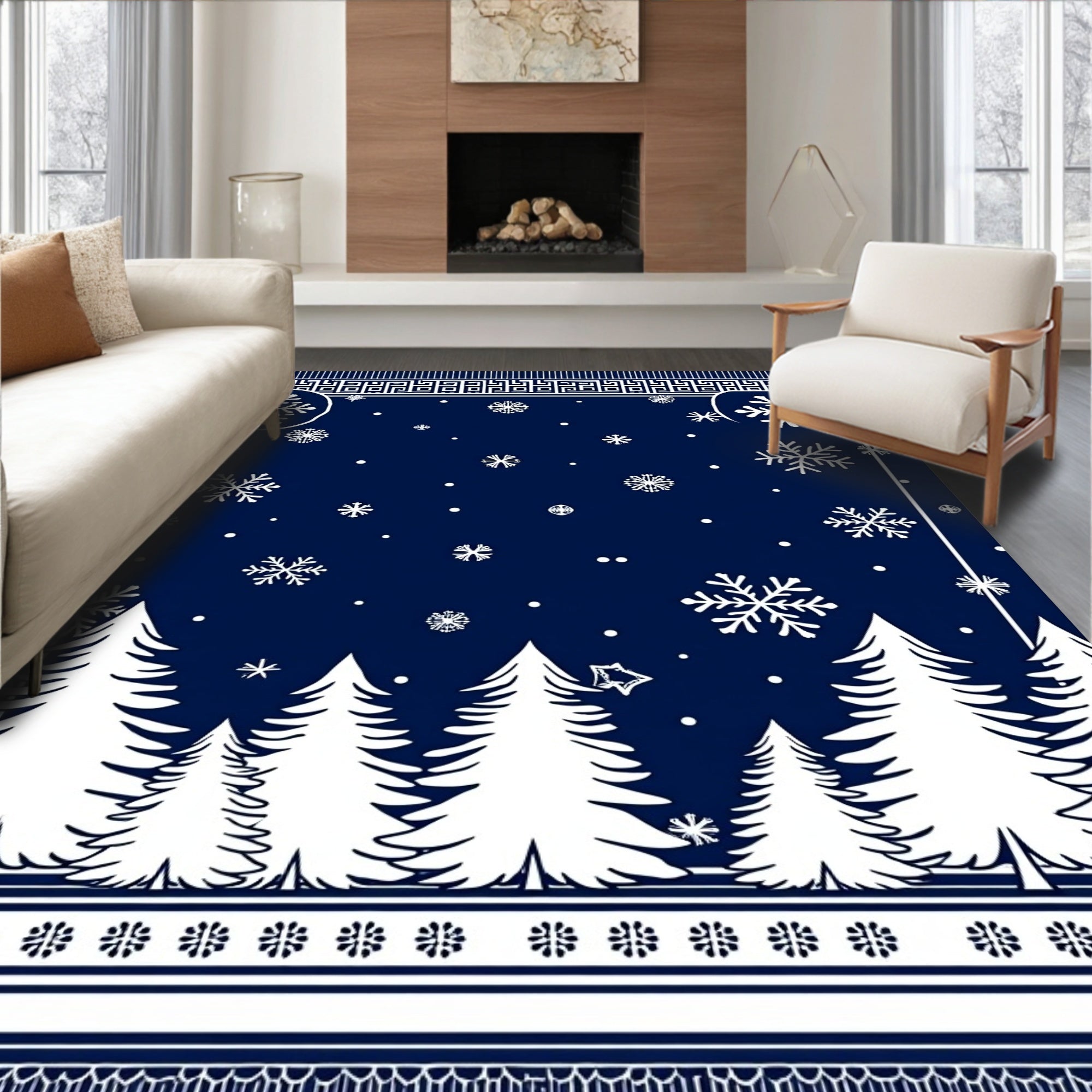 Dark Blue White Snow Forest Scene Rug