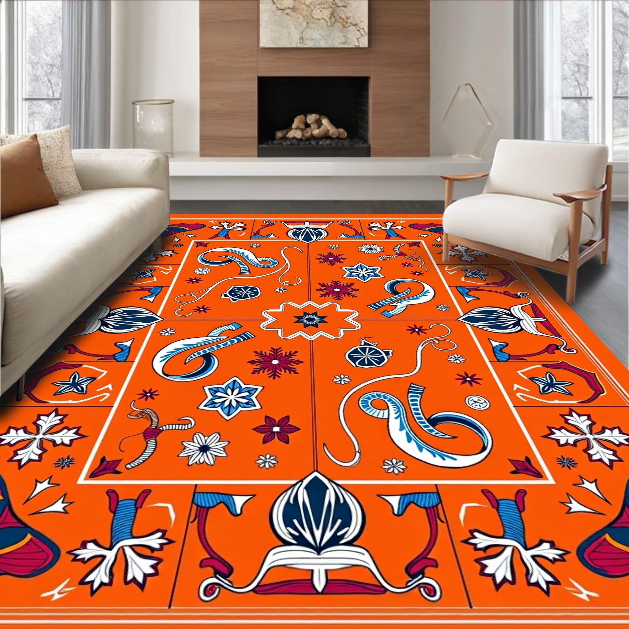 Orange Crimson Blue Butterfly Folk Art Rug