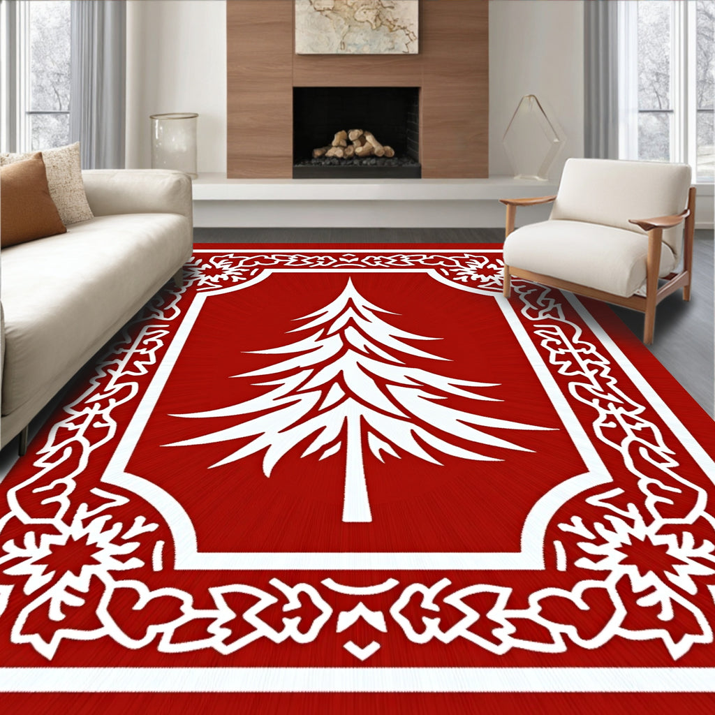 Festive Red White Christmas Tree Border Rug