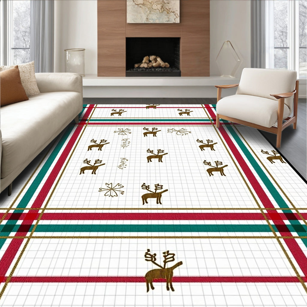 Red Green Gold Plaid Reindeer Collage Rug
