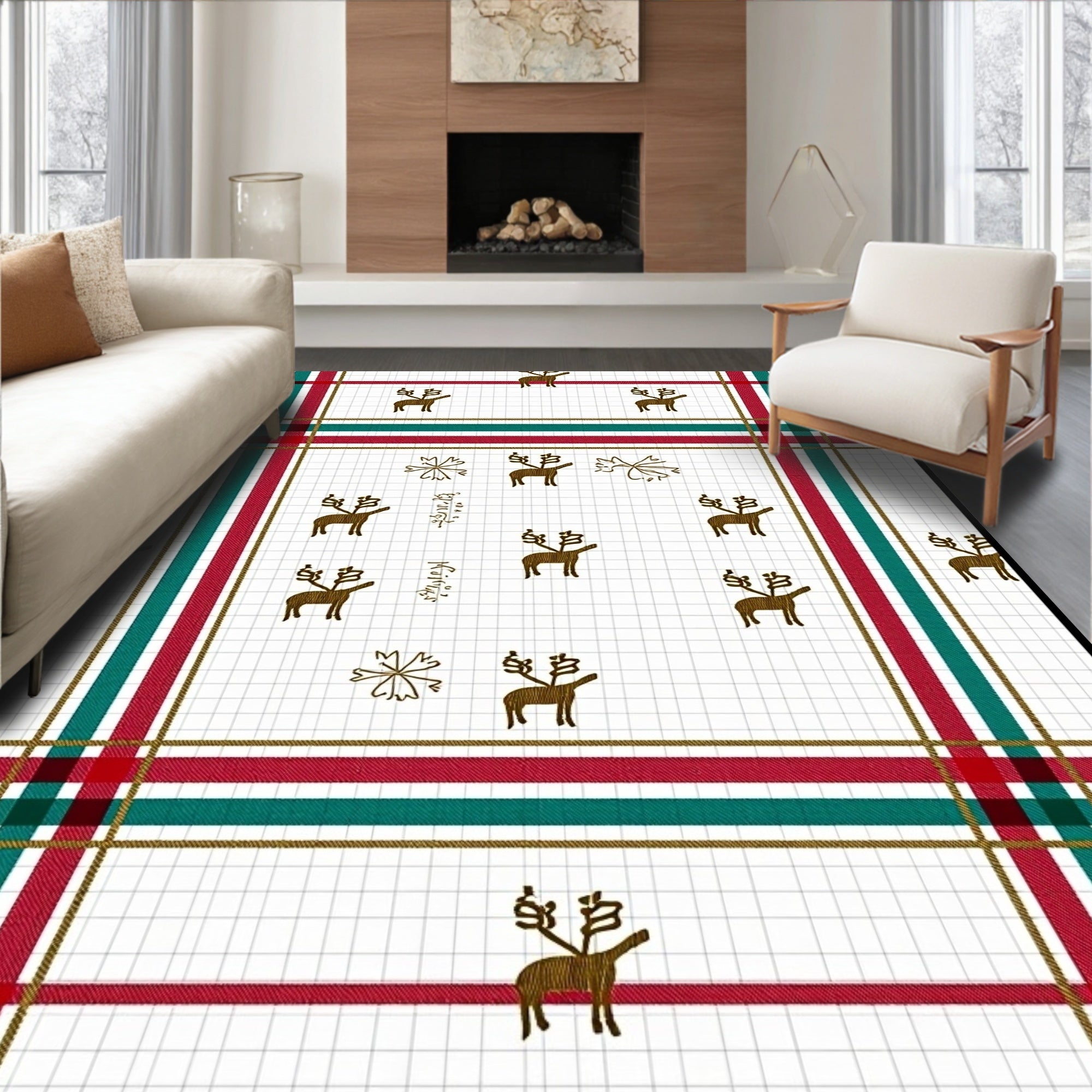 Red Green Gold Plaid Reindeer Collage Rug