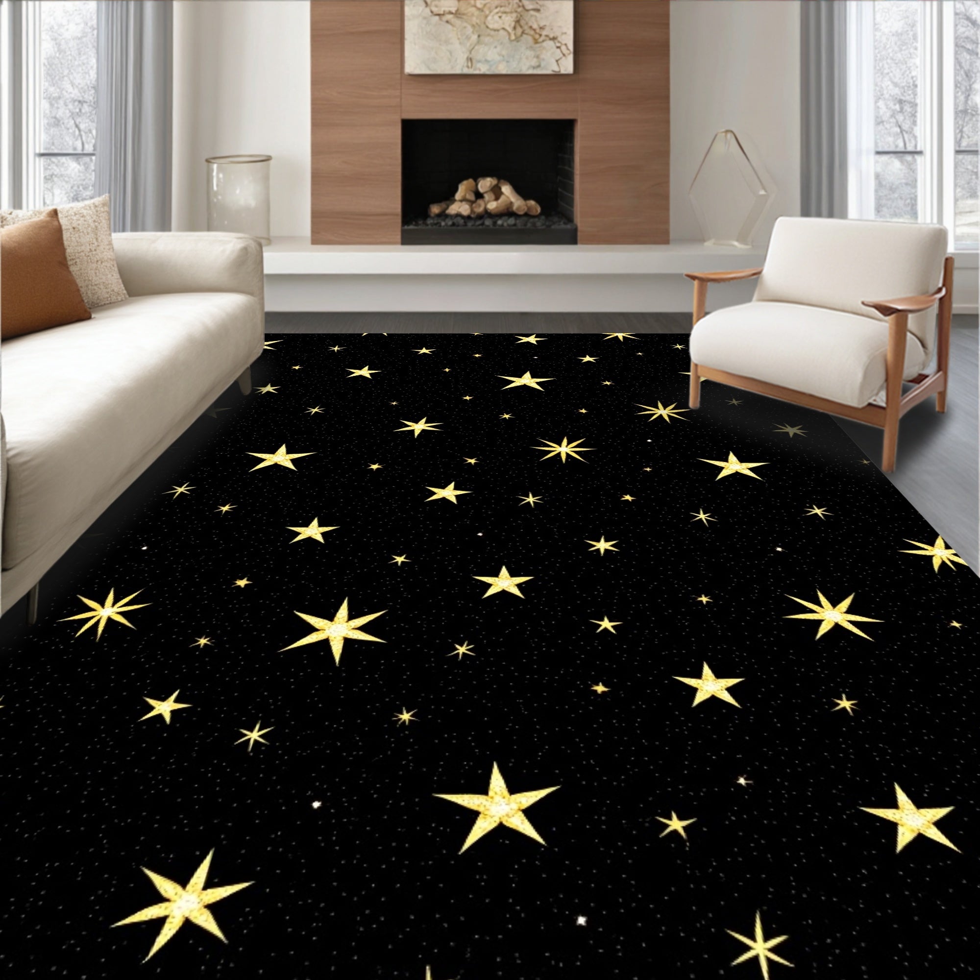 Golden Sparkling Stars Cosmos Rug