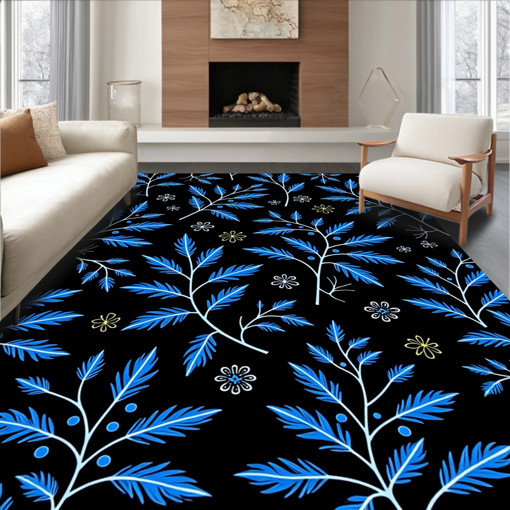 Vivid Blue Branch White Flower Rug