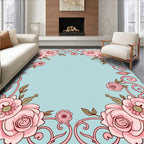 Blush Pink Floral Scroll Corners Soft Blue Rug