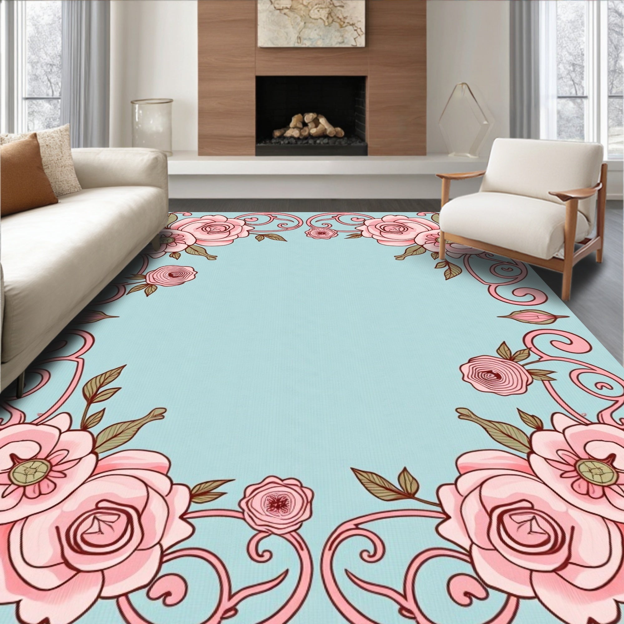 Blush Pink Floral Scroll Corners Soft Blue Rug