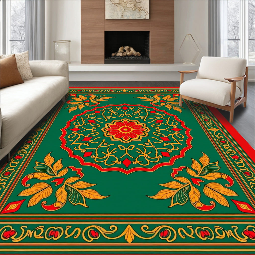 Traditional Green Red Floral Medallion Rug