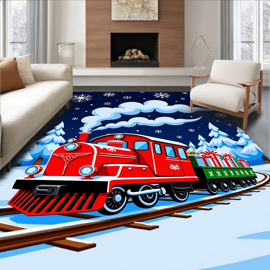 Red Christmas Train Snowy Night Rug