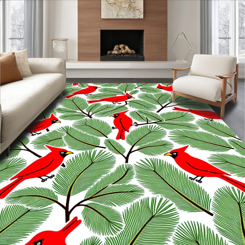 Bright Red Cardinals Green Pine Branches Rug