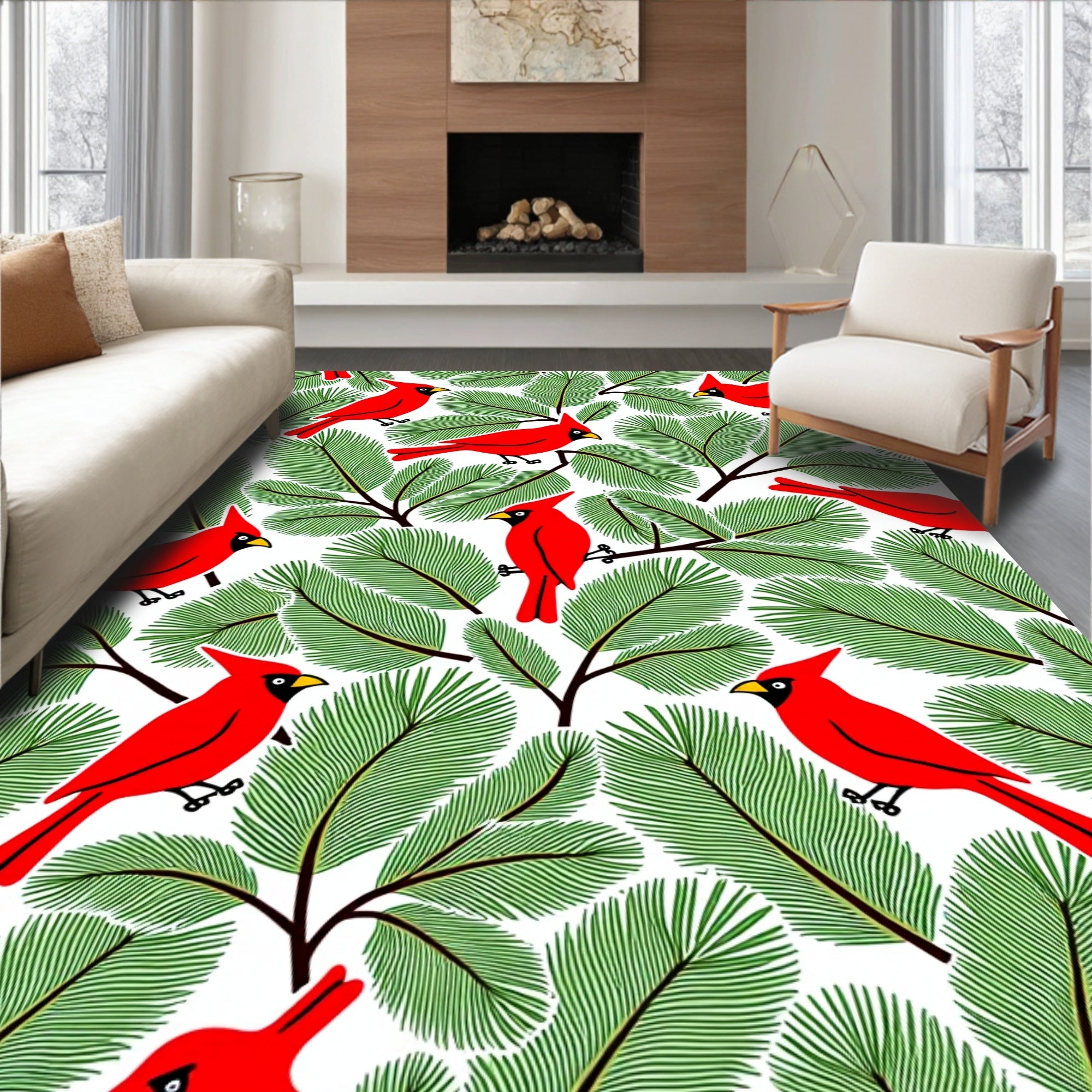 Bright Red Cardinals Green Pine Branches Rug