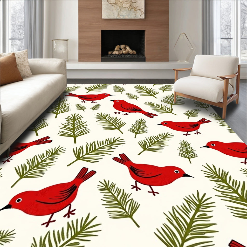 Red Birds and Fern Swirls Rug