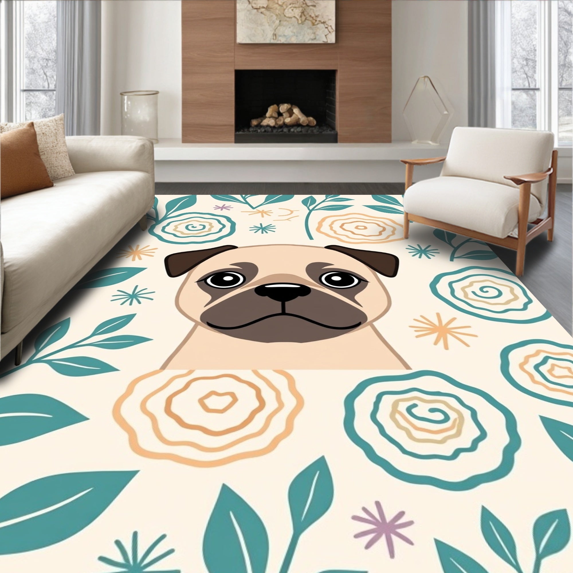 Cute Pug Floral Garden Whimsical Rug