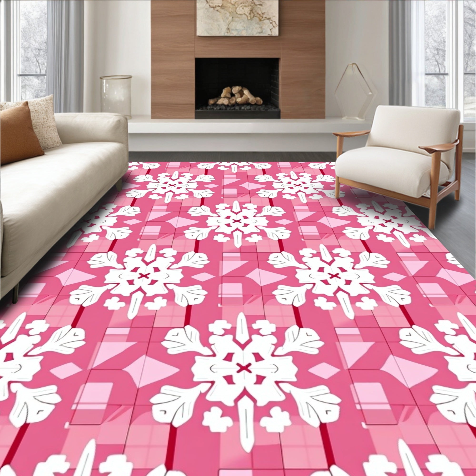 Pink White Snowflake Geometric Overlay Rug
