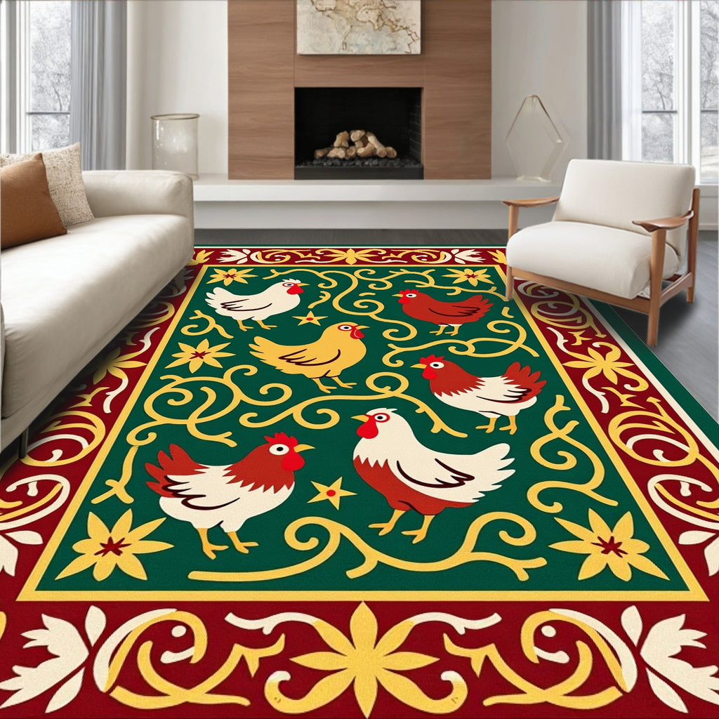 Green Roosters Floral Border Art Rug