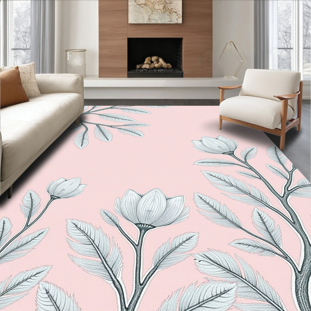 Soft Pink Botanical Floral Arrangement Rug